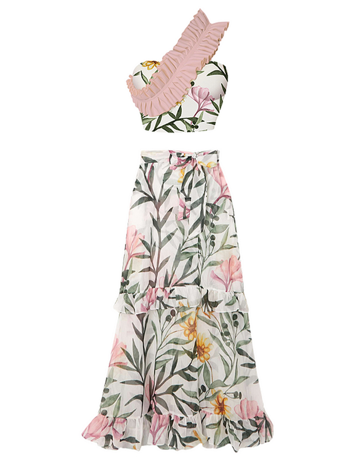Ruffle One Shoulder Floral Printed Swimsuit and Skirt