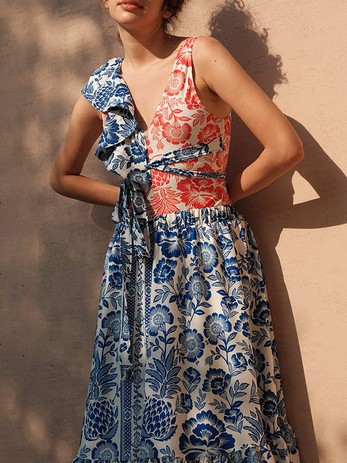 Ruffled Colorblock Print Swimsuit Set
