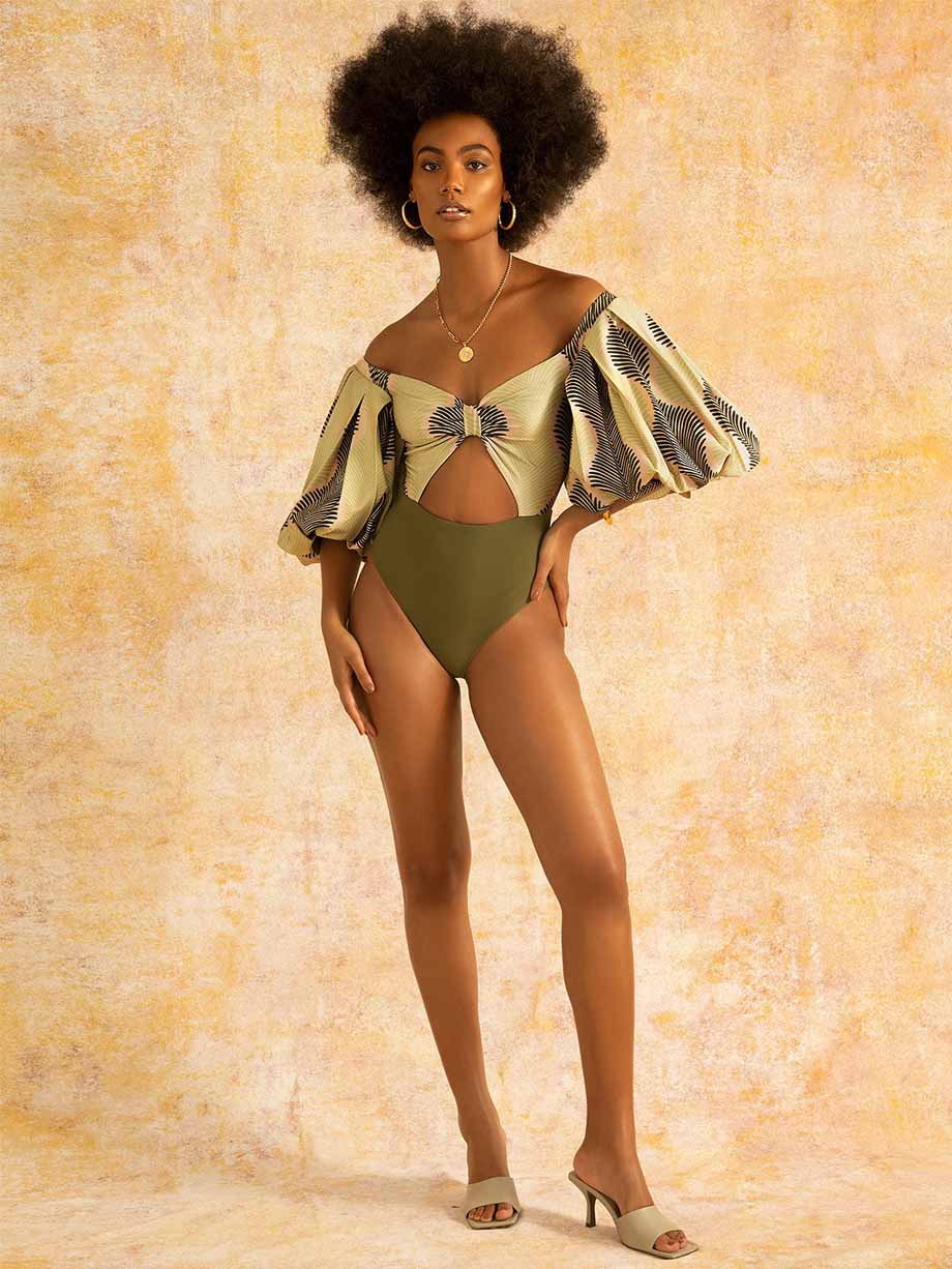 Vintage Colorblock Print One-Piece Swimsuit Set