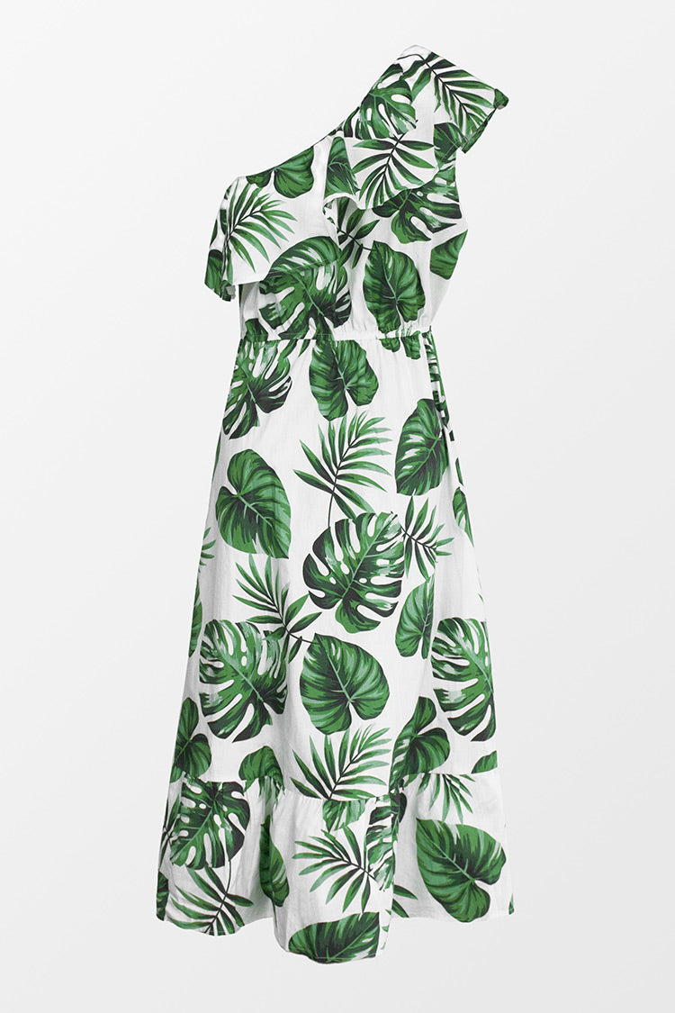 Violet Tropical One Shoulder Ruffle Dress