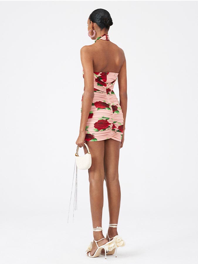 3D Flower Cut Out Printed Halter One Piece Swimsuit and Skirt