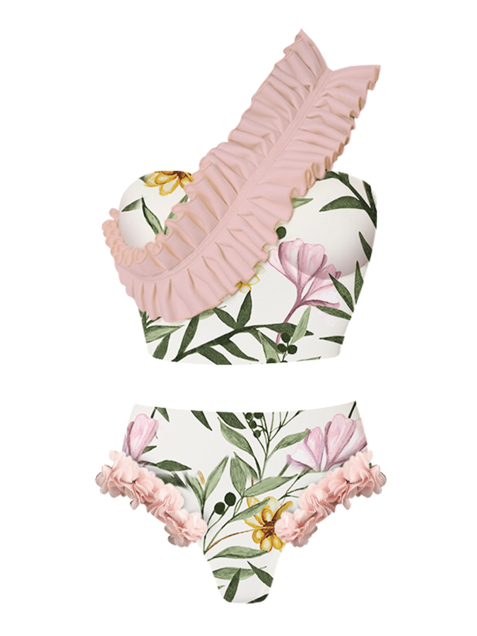 Ruffle One Shoulder Floral Printed Swimsuit and Skirt