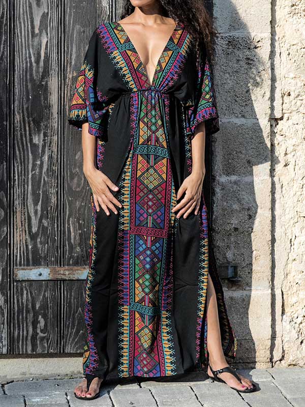 Ethnic Printed Flared Sleeves Cover-Ups Tops