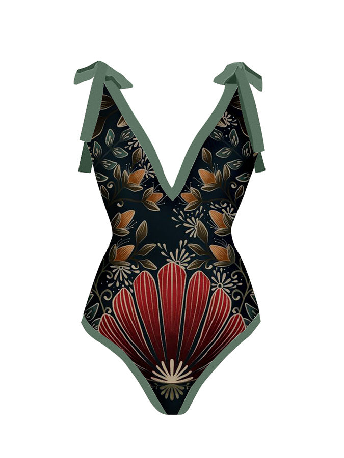 V-Neck Print Fashion One-Piece Swimsuit