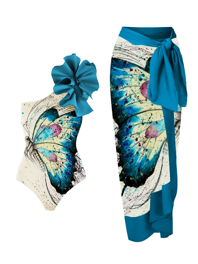 Watercolor Butterfly Print Ruffle One Piece And Cover Up