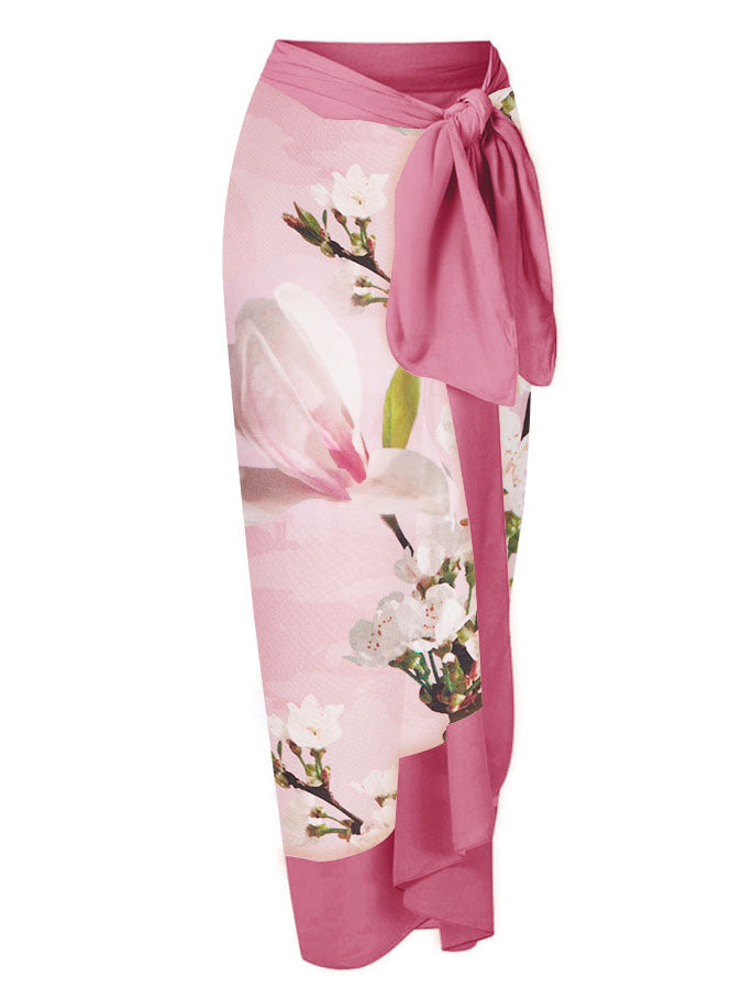 V-Neck Ruffled Floral Print One Piece Swimsuit and Cover Up