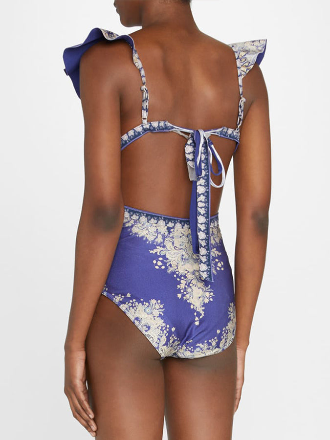 Deep V Ruffle Print One-Piece Swimsuit