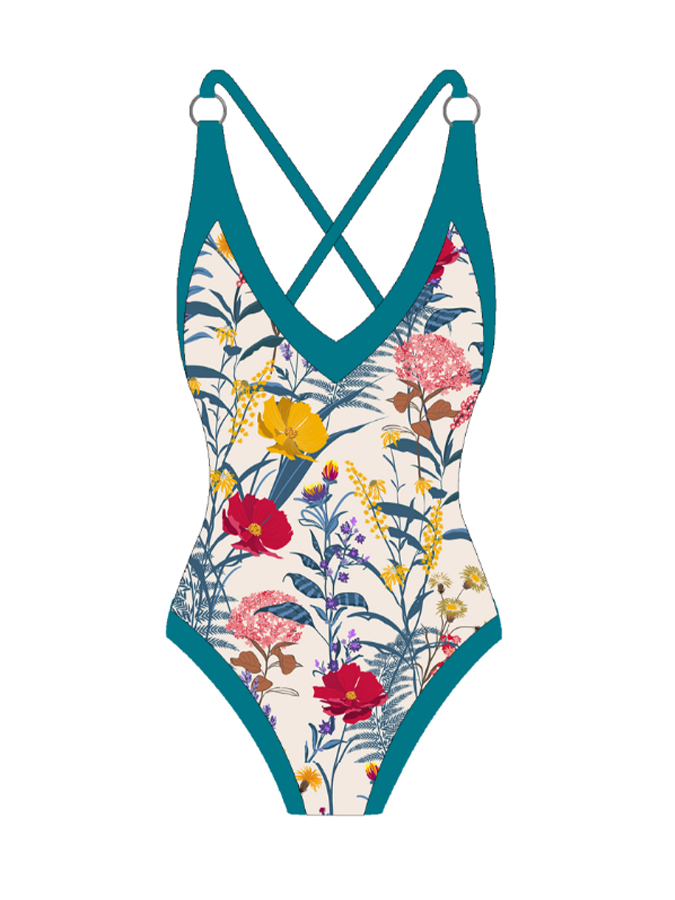 V-neck Hollow Printed Fashion One-Piece Swimsuit