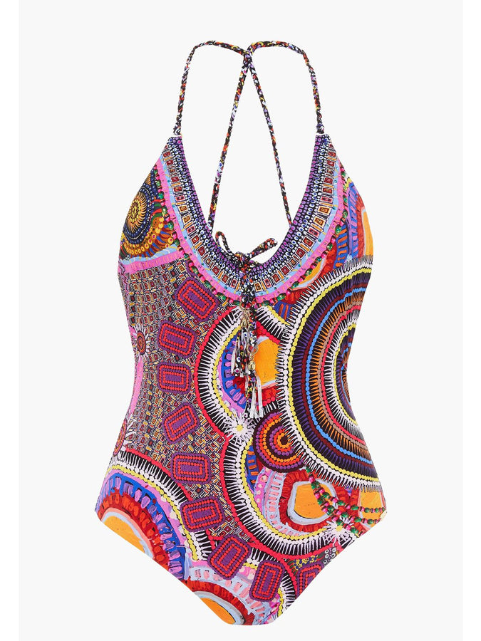 Fashion Print Halter Tie One Piece Swimsuit