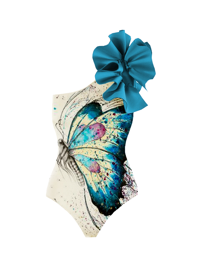 Watercolor Butterfly Print Ruffle One Piece And Cover Up