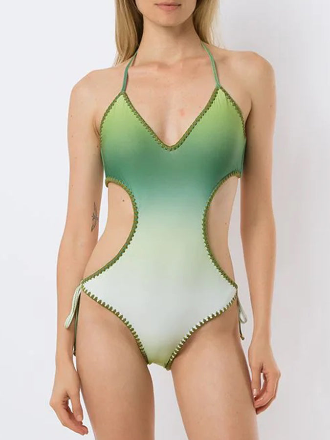 Fashion Colorblock Gradient Print Fringe One Piece Swimsuit Set