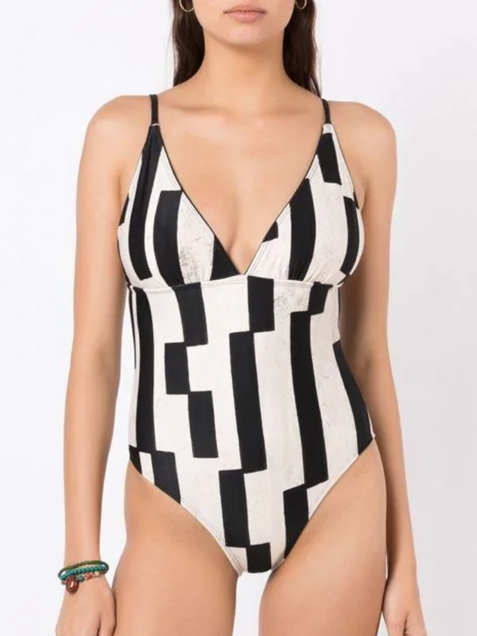 Black & White Offset Stripes Print One Shoulder One Piece Swimsuit And Cover Up