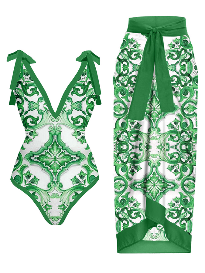 Fashion Vintage V-Neck Print One-Piece Swimsuit Set