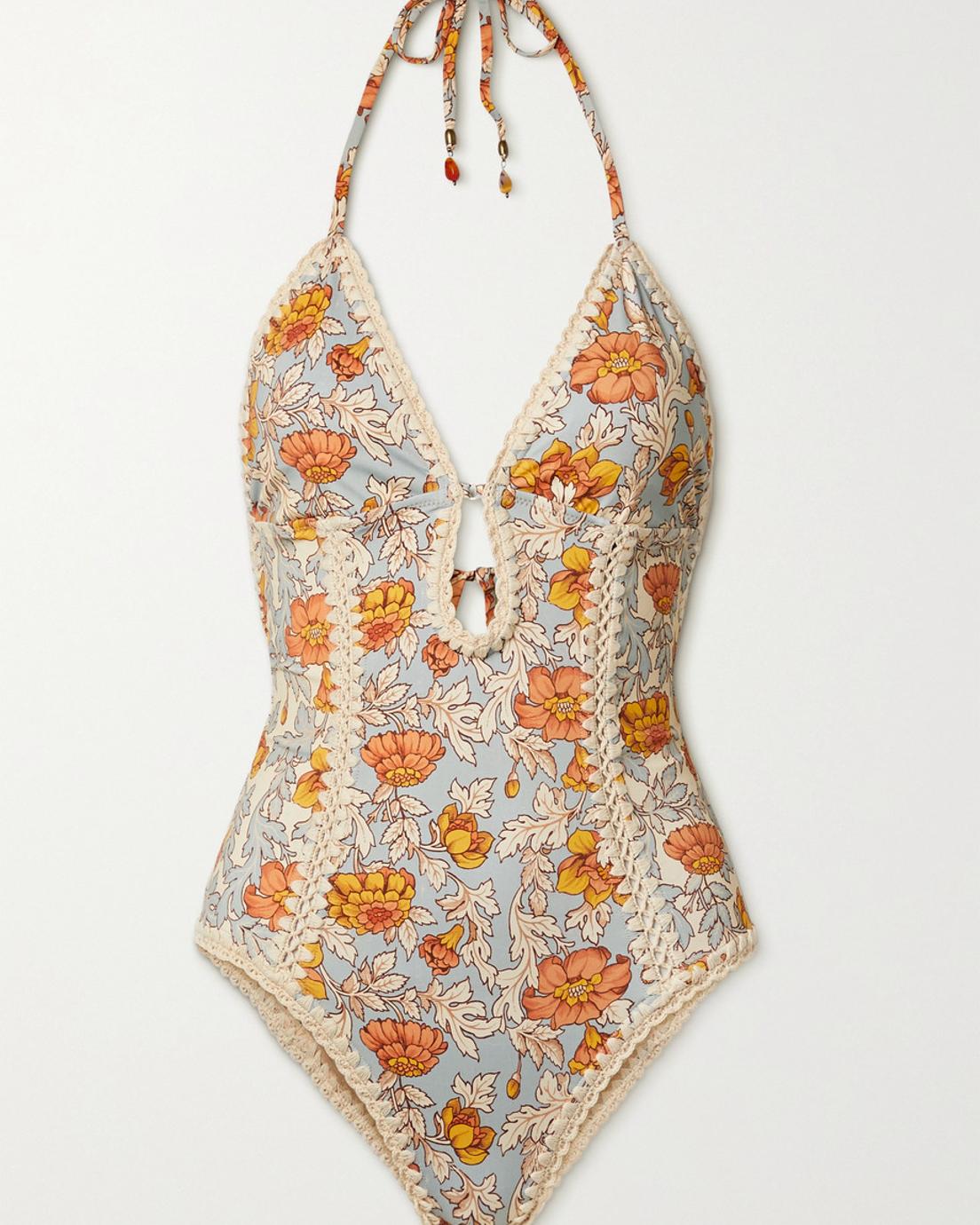 Deep V Neck Printed One-Piece Swimsuit