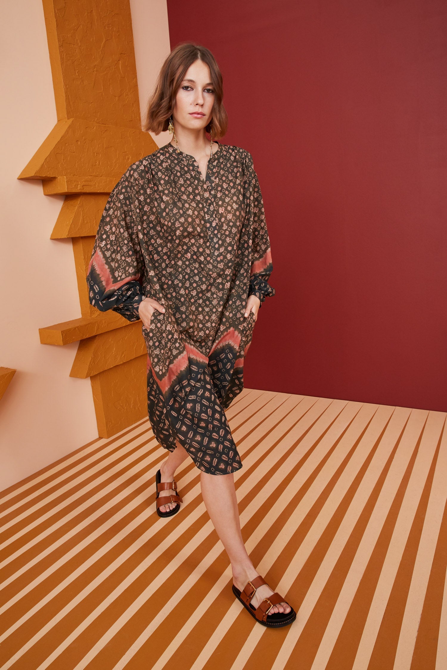 Chiffon Print One-Piece Swimsuit and Long Sleeve Dress