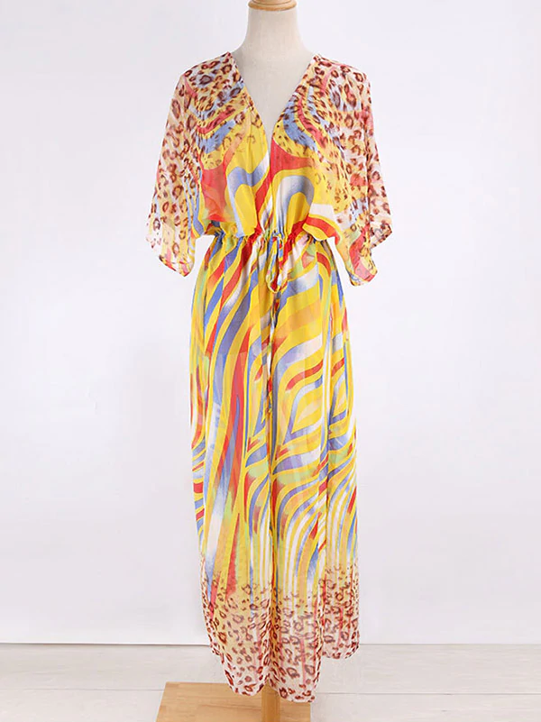 Chiffon Short Sleeve V-Neck Drawstring Cover-Up Swimwear