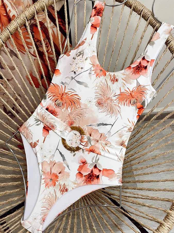 Ring Belt Printed One Piece Swimsuit and Flared Sleeve Chiffon Cover Up