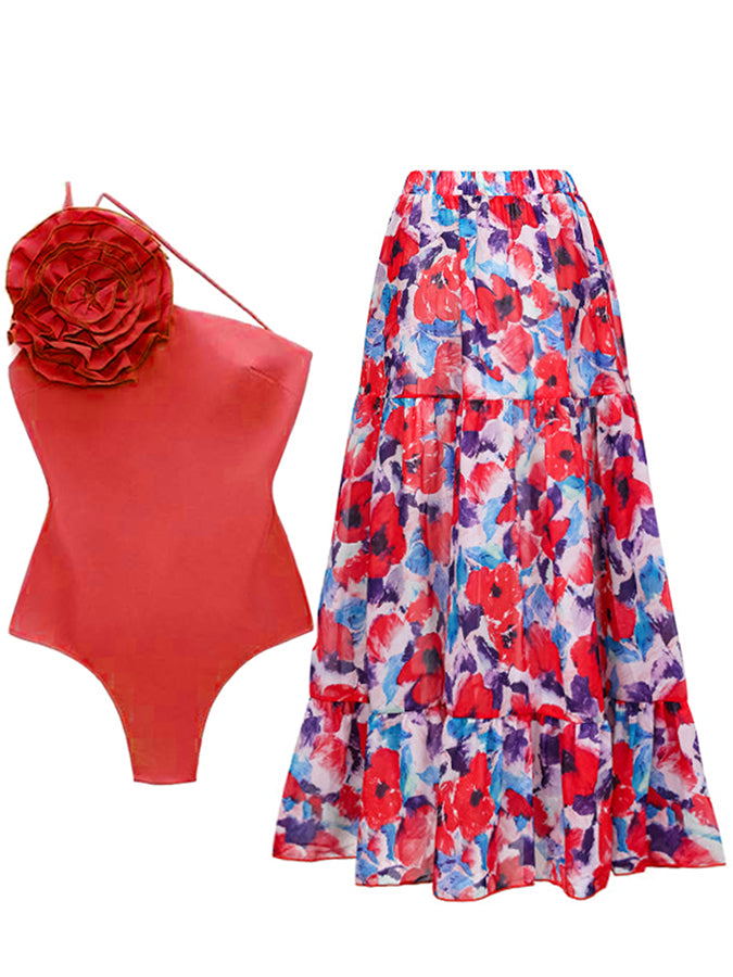 Fashion Flower Design Solid Color Beach One Piece Swimsuit