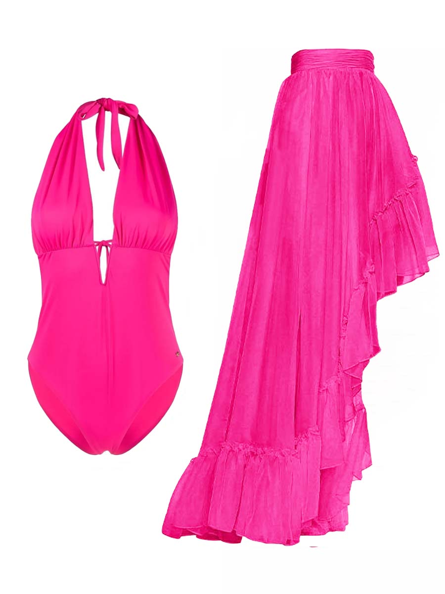 Pleated front lace-up one-piece swimsuit