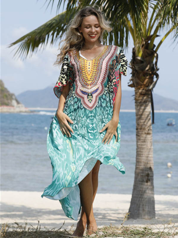 Half Sleeve V-Neck Floral Printed Split-Side Cover-Up Swimwear