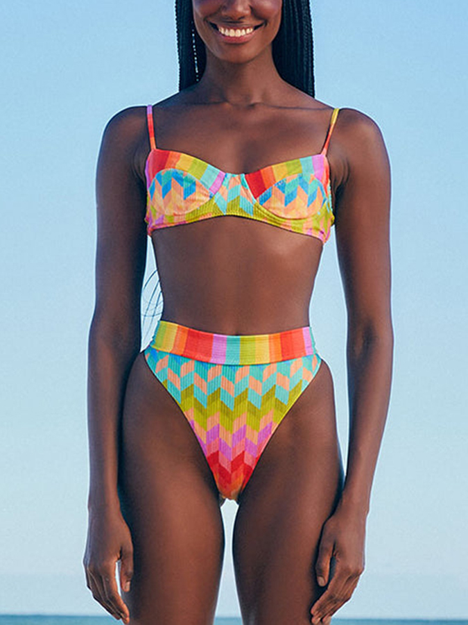 Fashion Rainbow Colorblock Beach Bikini Fringe Set