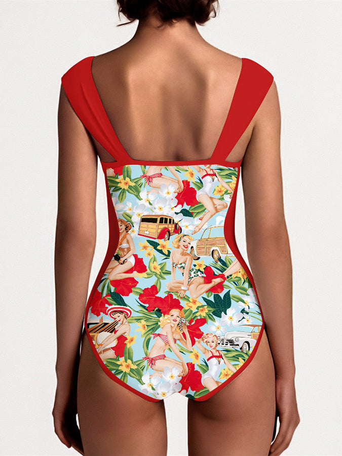 Fashion Colorblock Print One Piece Swimsuit and Cover Up