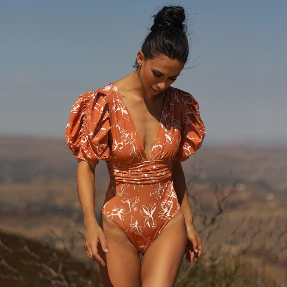 V Neck Puff Sleeve Backless One Piece Swimsuit