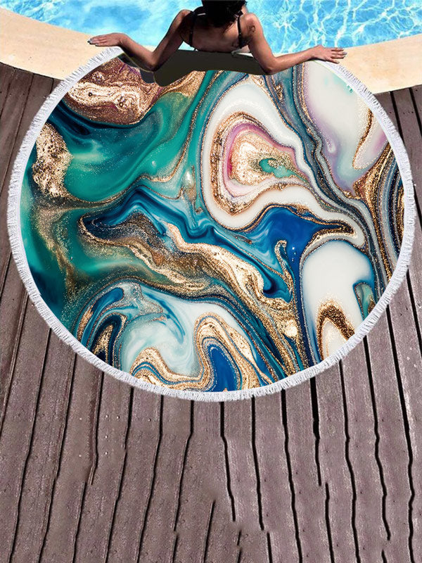 Colorful Marble Round Shape Tasseled Soft Beach Mat