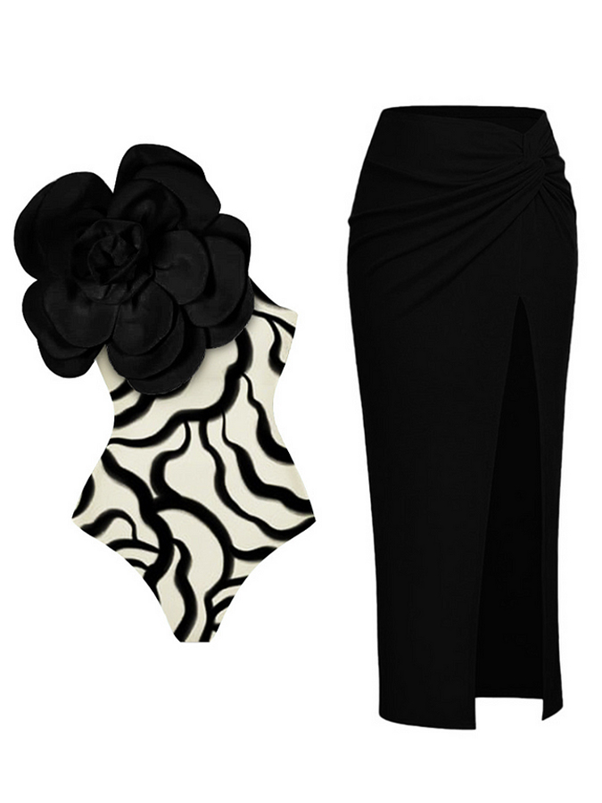 Exaggerated 3D Flower Printed One Piece Swimsuit and Skirt
