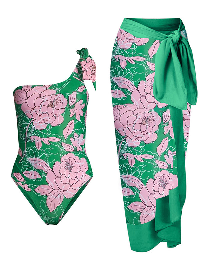 Fashion Colorblock Floral Print Beach Swimsuit One Piece Swimsuit and 