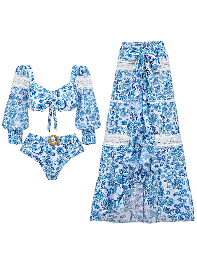 Blue Printed Panel Lace Swimsuit and Skirt
