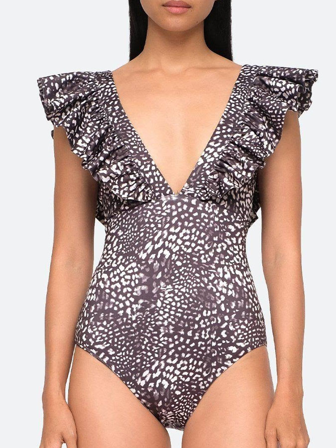 V Neck Print Ruffle Swimsuit