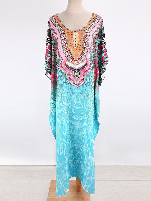 Half Sleeve V-Neck Floral Printed Split-Side Cover-Up Swimwear