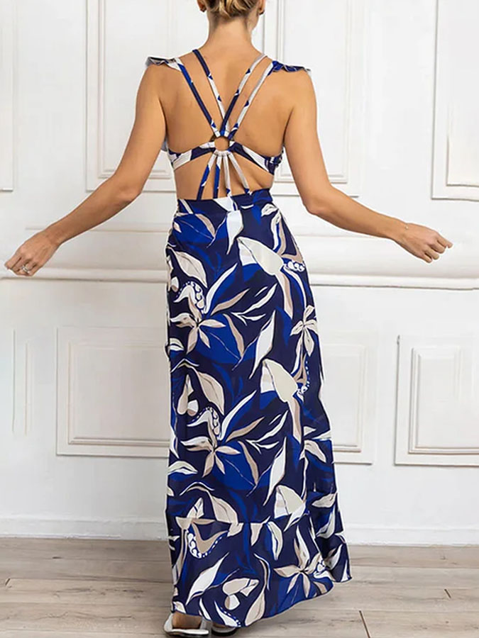 V Neck Printed Ruffle One Piece Swimsuit and Cover Up