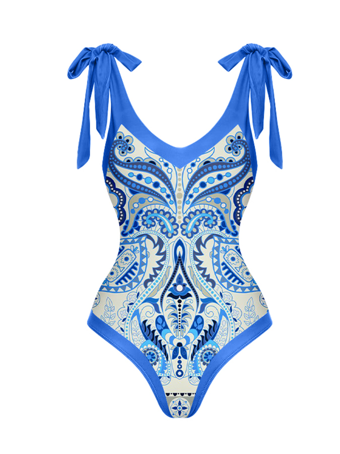 Vintage Print V-Neck One-Piece Swimsuit and Cover-up