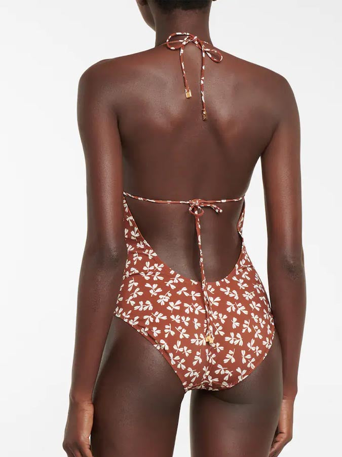 Halter Neck Print Cutout One Piece Swimsuit
