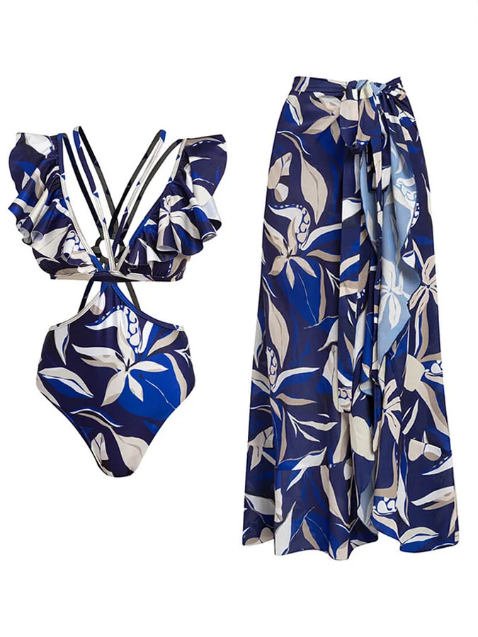 V Neck Printed Ruffle One Piece Swimsuit and Cover Up