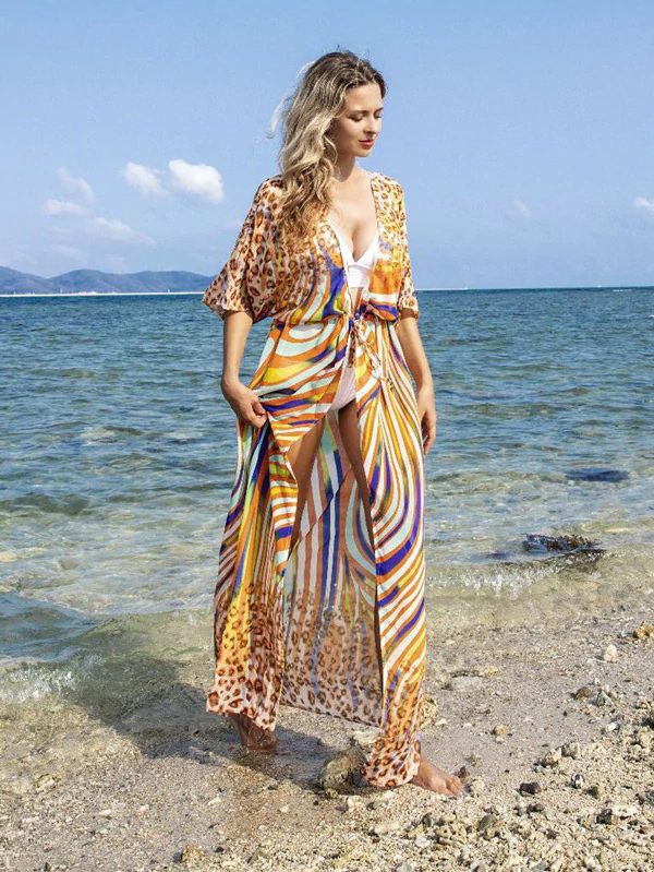 Chiffon Short Sleeve V-Neck Drawstring Cover-Up Swimwear