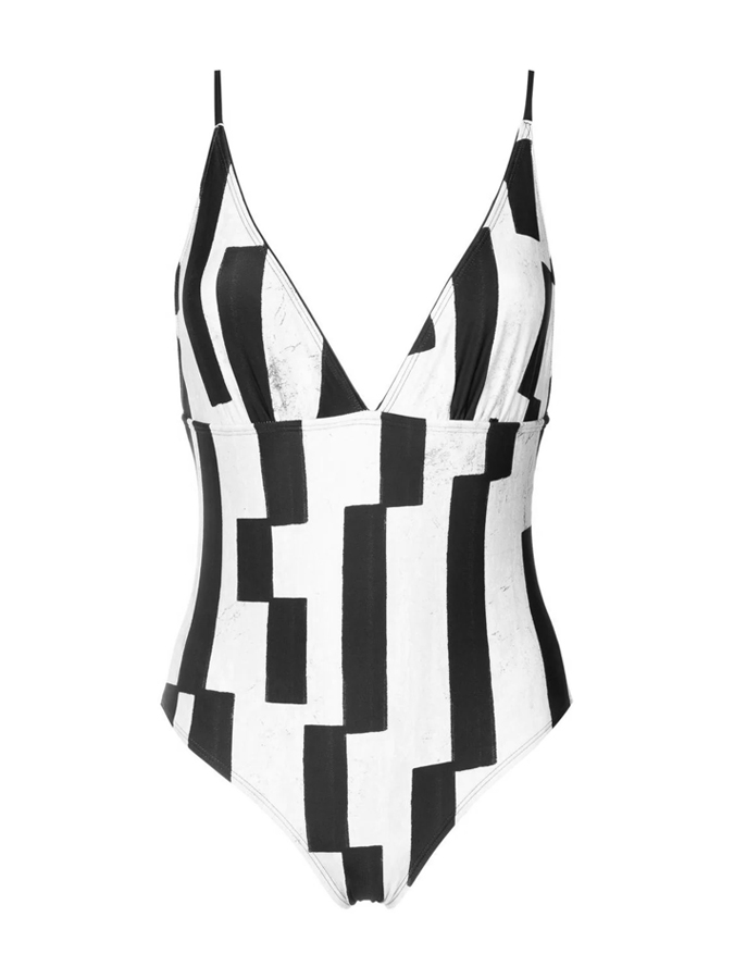 Black & White Offset Stripes Print One Shoulder One Piece Swimsuit And Cover Up