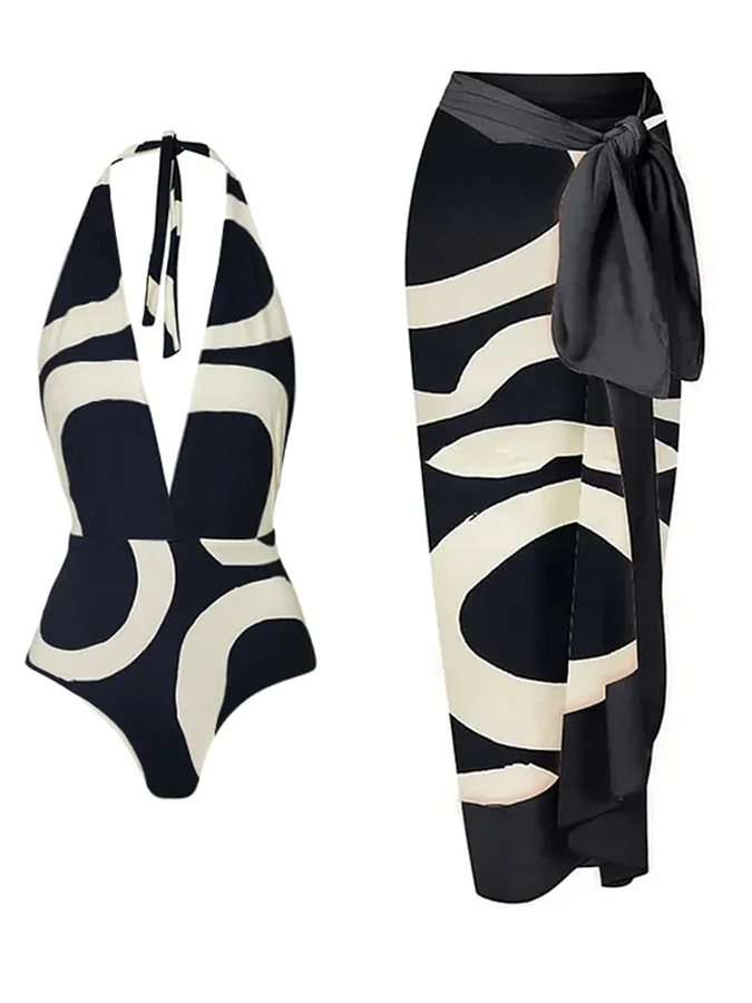 Halter V Neck Printed One Piece Swimsuit and Cover Up