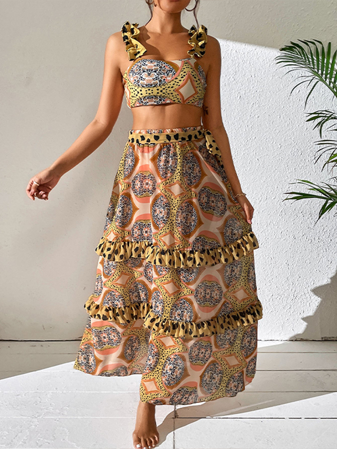 Ruffle Shoulder High Waist Bikini Swimsuit and Skirt