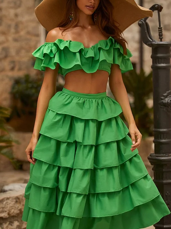 Off Shoulder Ruffle Solid Color Bikini and Beach Skirt