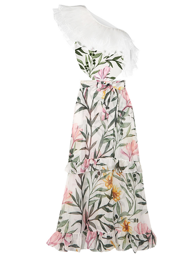 Ruffle One Shoulder Floral Printed Swimsuit and Skirt