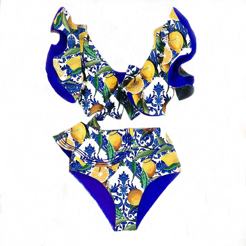 Delft Blue Ruffle Lemon Bikini Swimsuit
