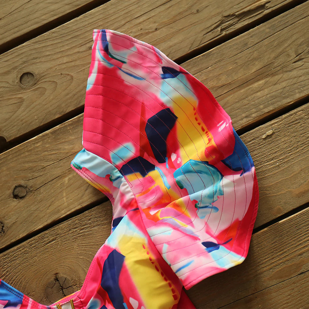 Ruffle Cutout Printed One Piece Swimsuit