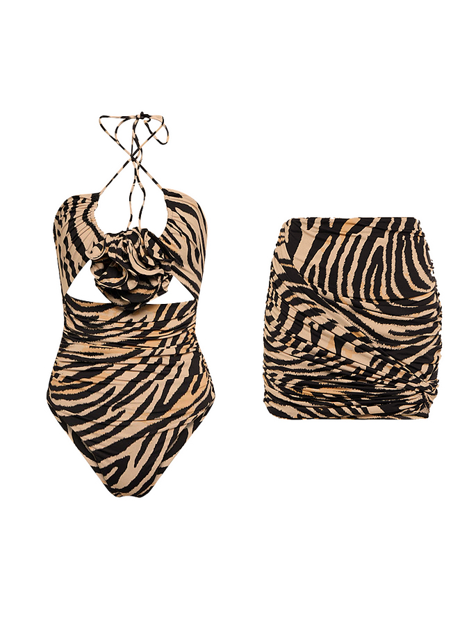Removable 3D Flower Decor Leopard Printed One Piece Swimsuit and Skirt