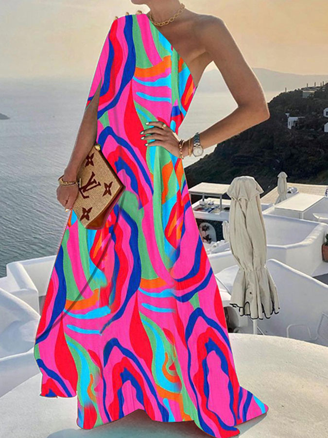 Stylish and Elegant Solid Color Loose One-shouldered Maxi Dress