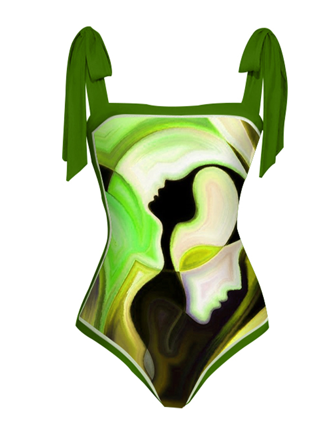 Fashion Vintage Abstract Print One Piece Swimsuit Set