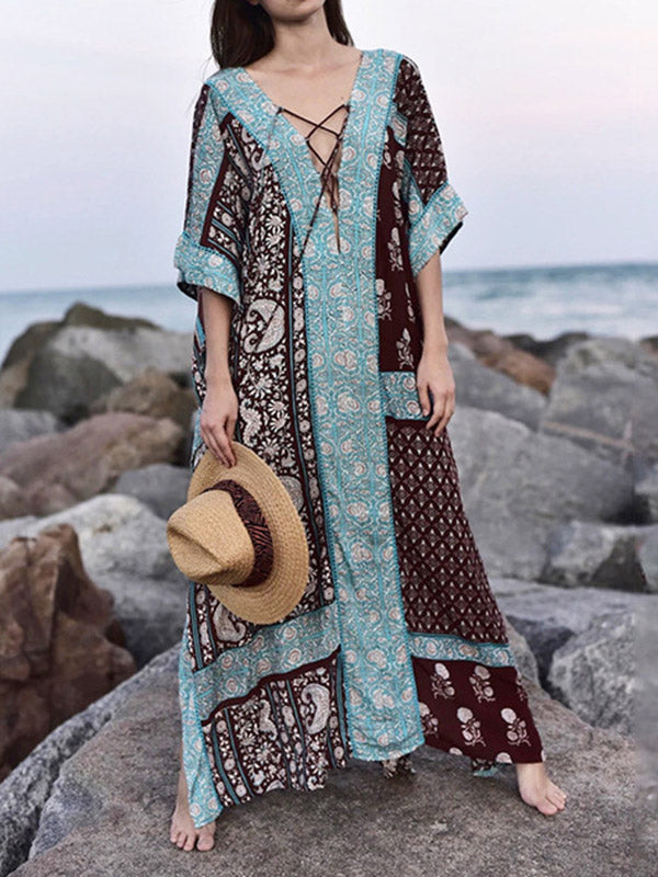 Ethnic Printed Flared Sleeves Cover-Ups Tops