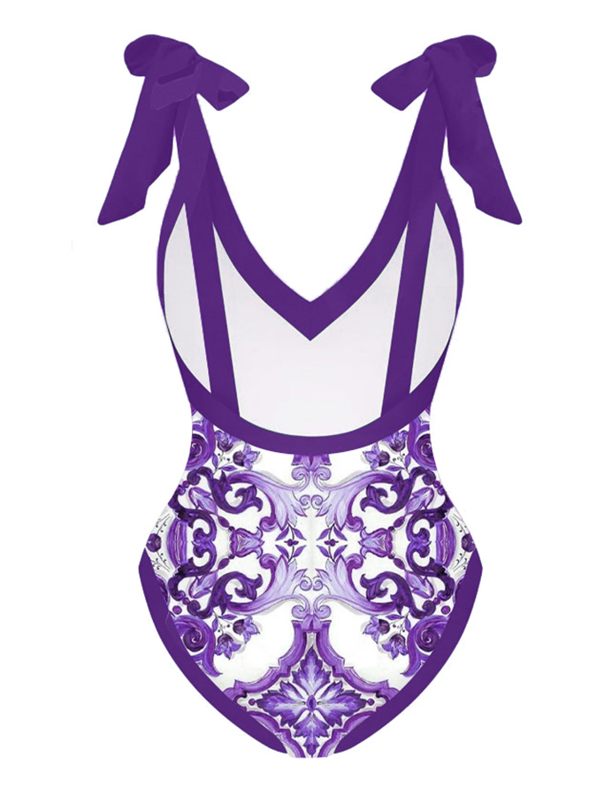 Fashion Vintage V-Neck Print One-Piece Swimsuit Set